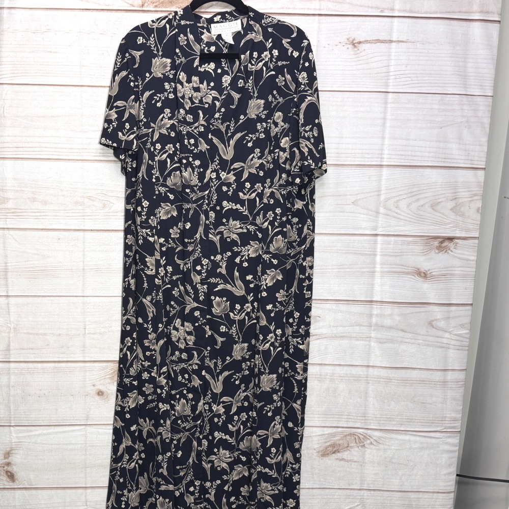 Maggie McNaughton Navy Blue Tan Floral Short Sleeve Maxi Dress Womens 1X
